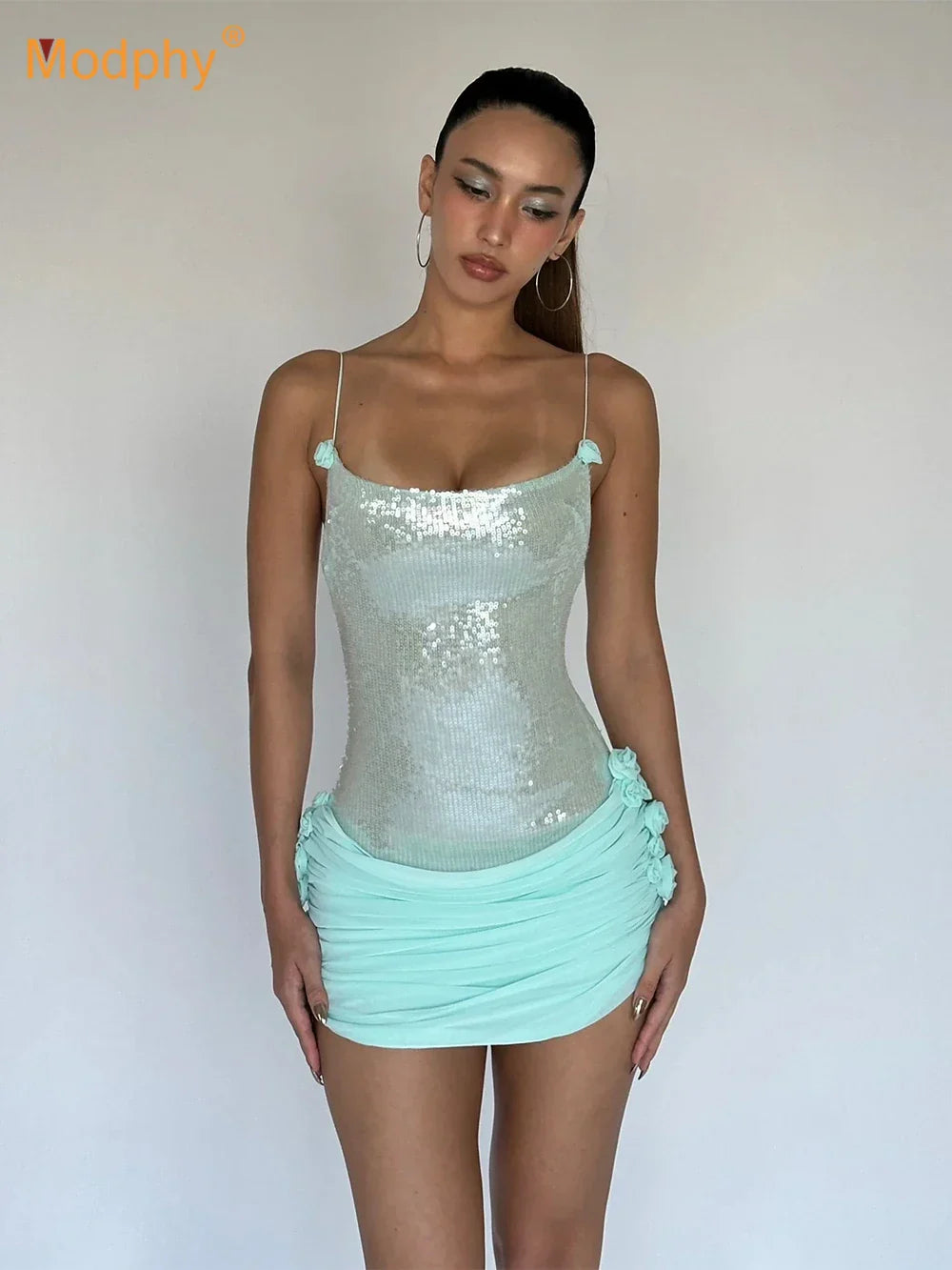 Stereoscopic Flowers Sequin Patchwork Sling Short Evening Dress Sweet Woman Birthday Party Dress Performance Costume