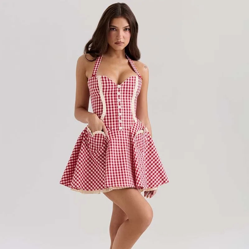 Plaid Wrap Halter Backless Mini Summer Dress - View 3 | VelvetHem