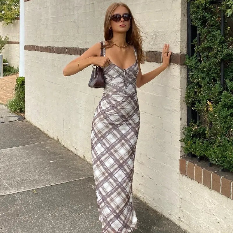 Plaid V-neck Backless Spaghetti Strap Slip Dress - VelvetHem