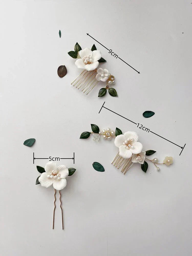 Wedding Accessories Porcelain Flower Hair Pin Clip Leaf Hairpins For Brides Bridesmaids Gold Color Head Pieces Bridal Jewelry