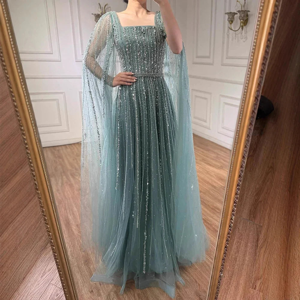 Zapdress Turquoise Square Collar Beaded Evening Dress with Cape Sleeves Dubai Pary Gowns for Women DLA73188 Customized (ZD17252)