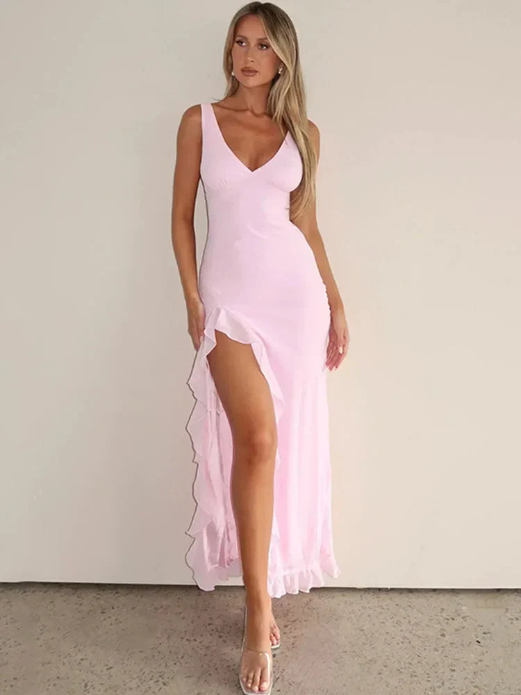Ruffle High Split Evening Midi Dress