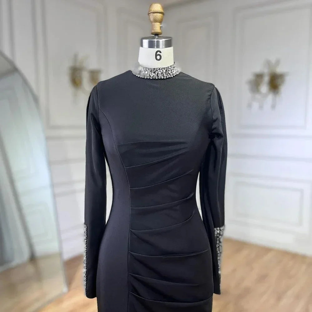 Zapdress Customized Black Satin Mock Neck Mermaid Evening Dresses with Split Simple Party Gowns for Women (ZD17296)