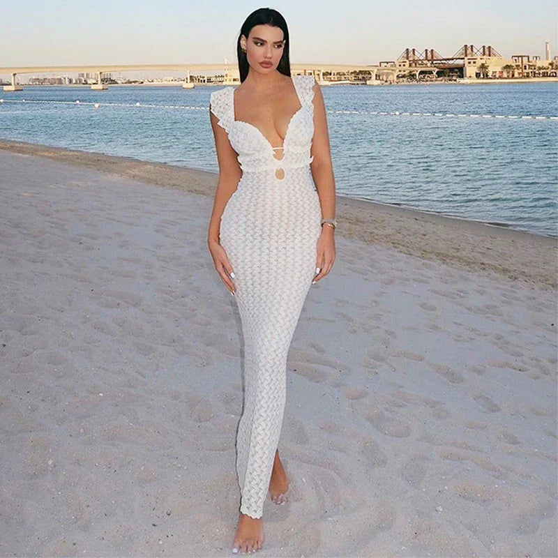 Lace Up Hollow Slim V-neck Maxi Dress