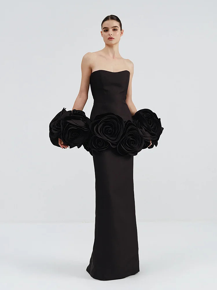 Stereoscopic Flowers Strapless Bandage Ankle Length Evening Dress Fashion Woman Birthday Party Dress Celebrity Party Outfit