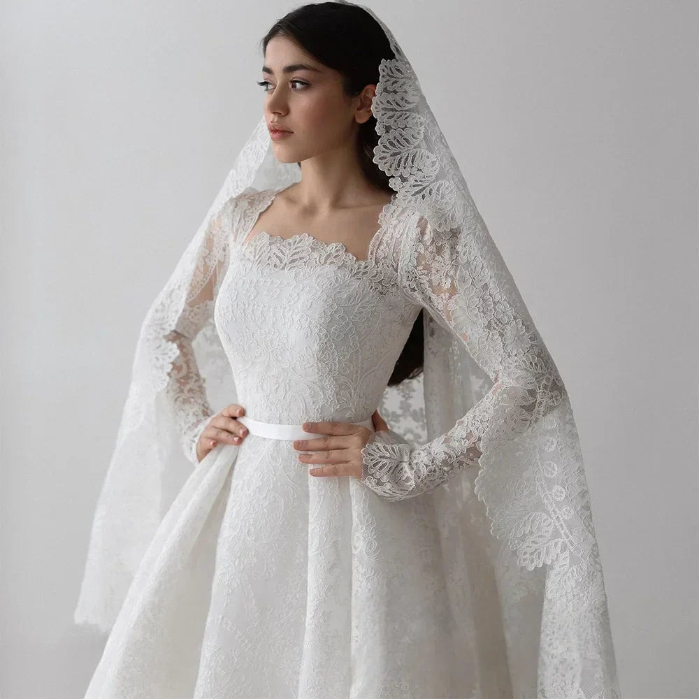 Customized Gorgeous Lace Long Sleeves Wedding Dress for Bride Square Neck Sweep Train Bridal Gown Vestido De Noiva (ZD17413) - View 2 | VelvetHem