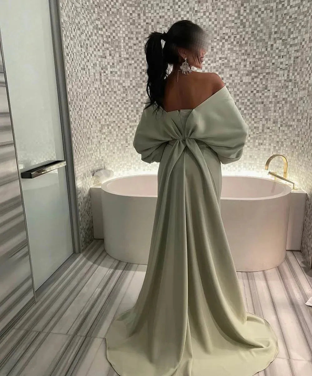 Bodycon Trumpet Evening Dresses Silk Satin Off The Shoulder Long Sleeves Saudi Arabia Prom Gown Women For Wedding Party