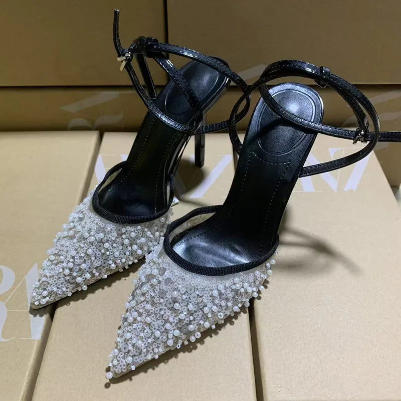 Luxury Pearls Sequined Air Mesh Women Pumps Summer Elegant Pointed toe Slingbacks Thin High heels Fashion Wedding Party Shoes Black