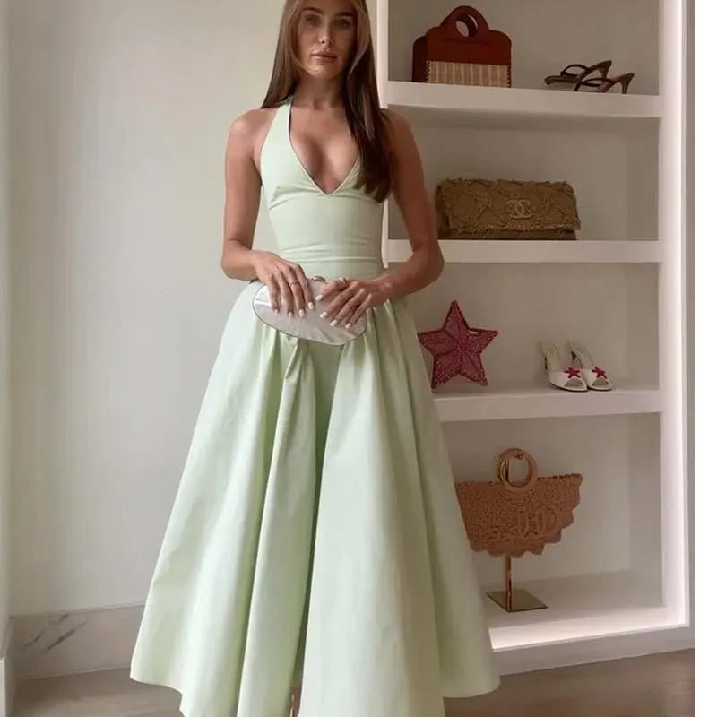 Backless Halter Green A-Line Midi Dress - VelvetHem