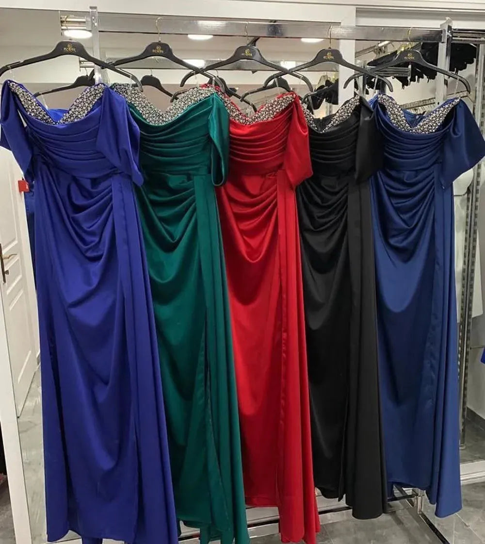 Exquisite Formal Evening Dresses Mermaid Prom Gowns Sexy Side Split Off The Shoulder Crystal Pleats Occasion Party Dres