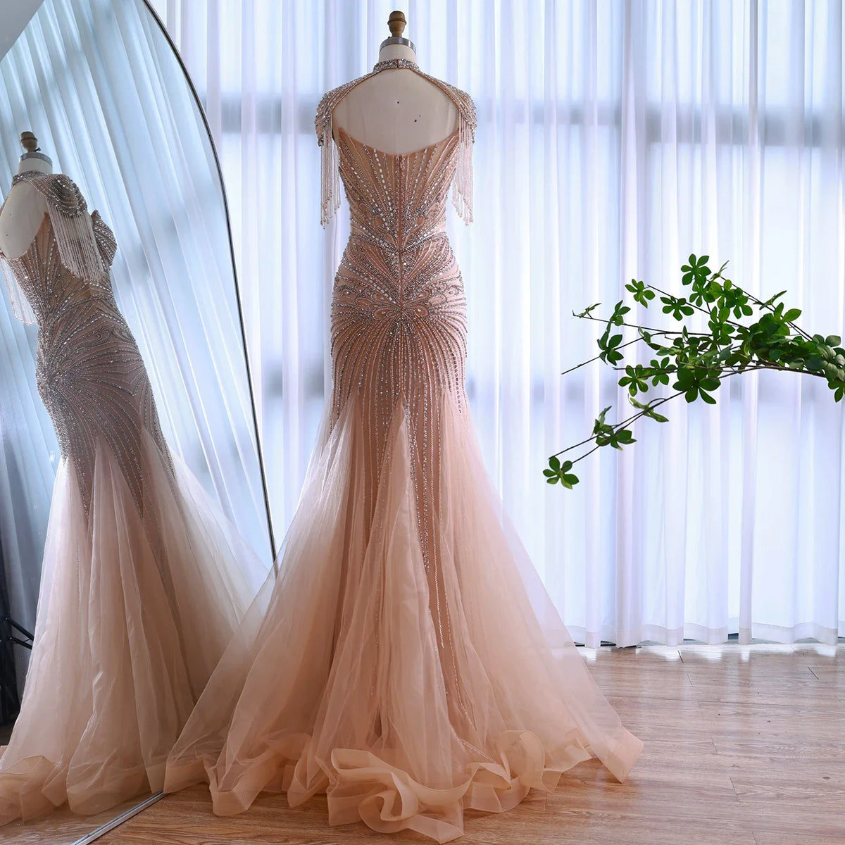 Zapdress Nude Luxury Beaded Evening Dress with Tassel Wedding Party Gowns for Women DLA72897B Customized (ZD17201)