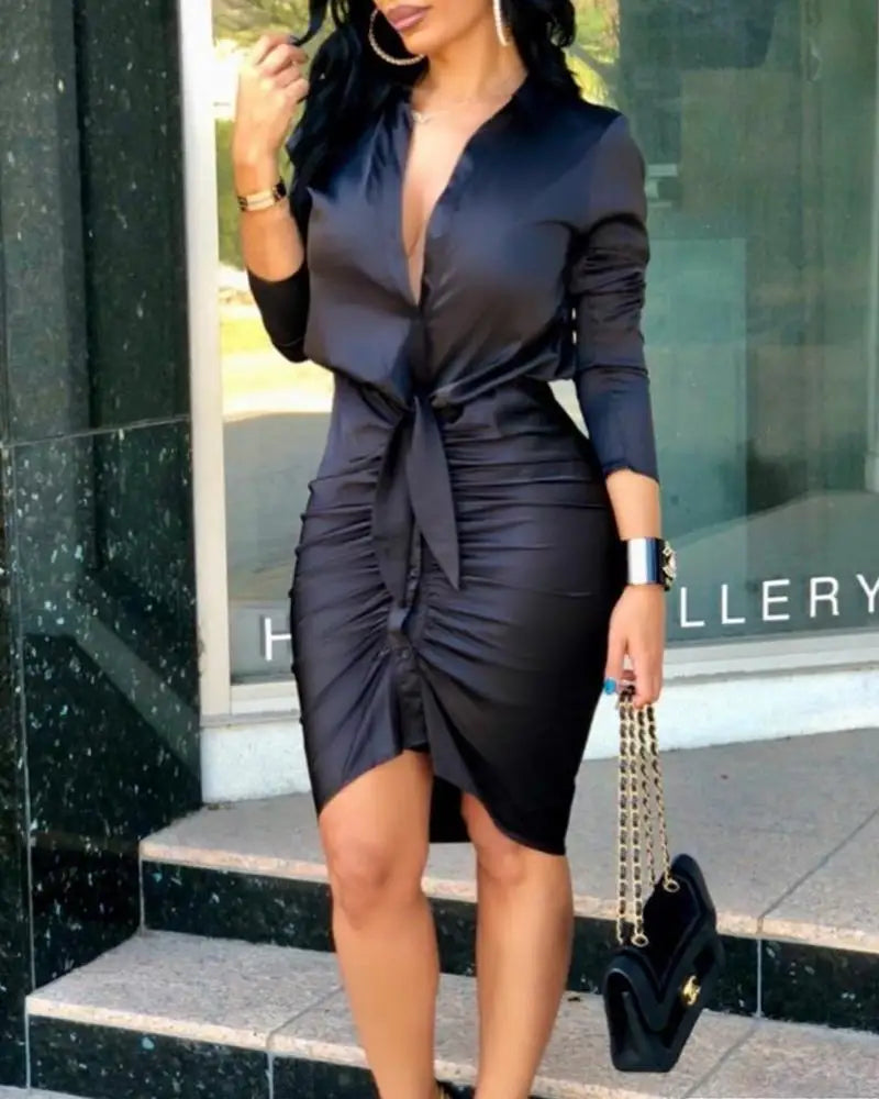 Deep V Neck Long Sleeve Bodycon Work Dress - View 4 | VelvetHem