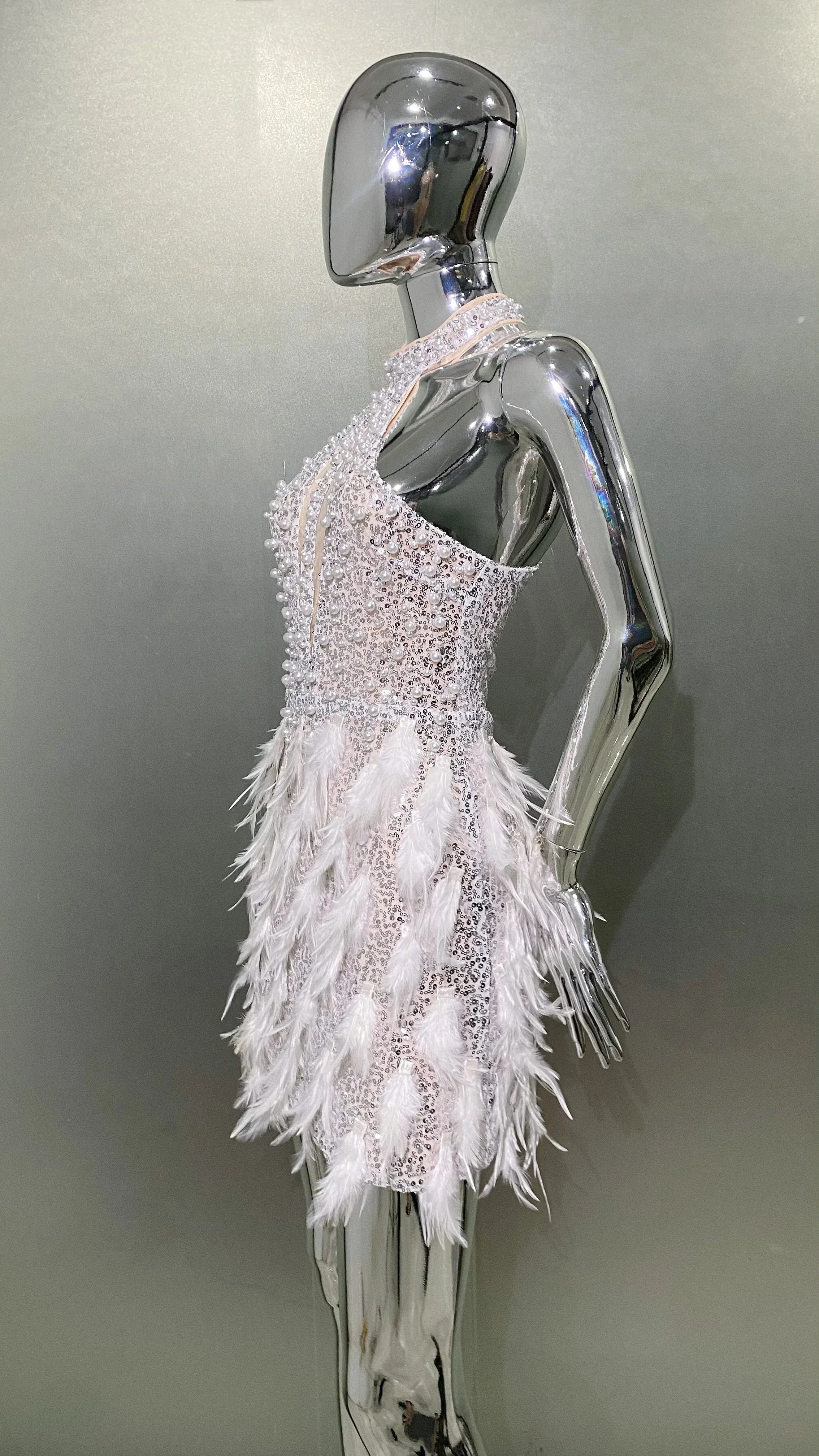 Gorgeous Feathers Beading High Slit Strapless Long Dress Woman Evening Dress Celebrity Birthday Party Outfit