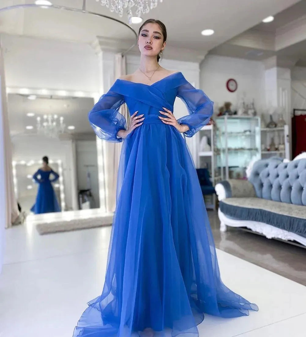 Elegant Blue A-Line Tulle Evening Dresses Off The Shoulder Puff Sleeves Prom Dress Formal Occasion Dress Party Gown Blue