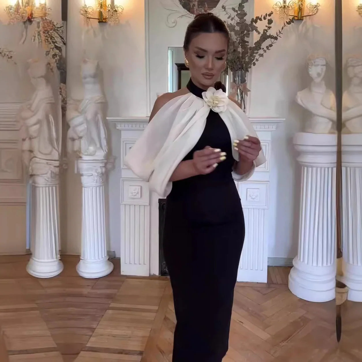 Black Color Women Sexy Off the Shoulder Florals Bodycon Mid-Calf Dress Birthday Party Celebrate Homecoming Dress Wholesale