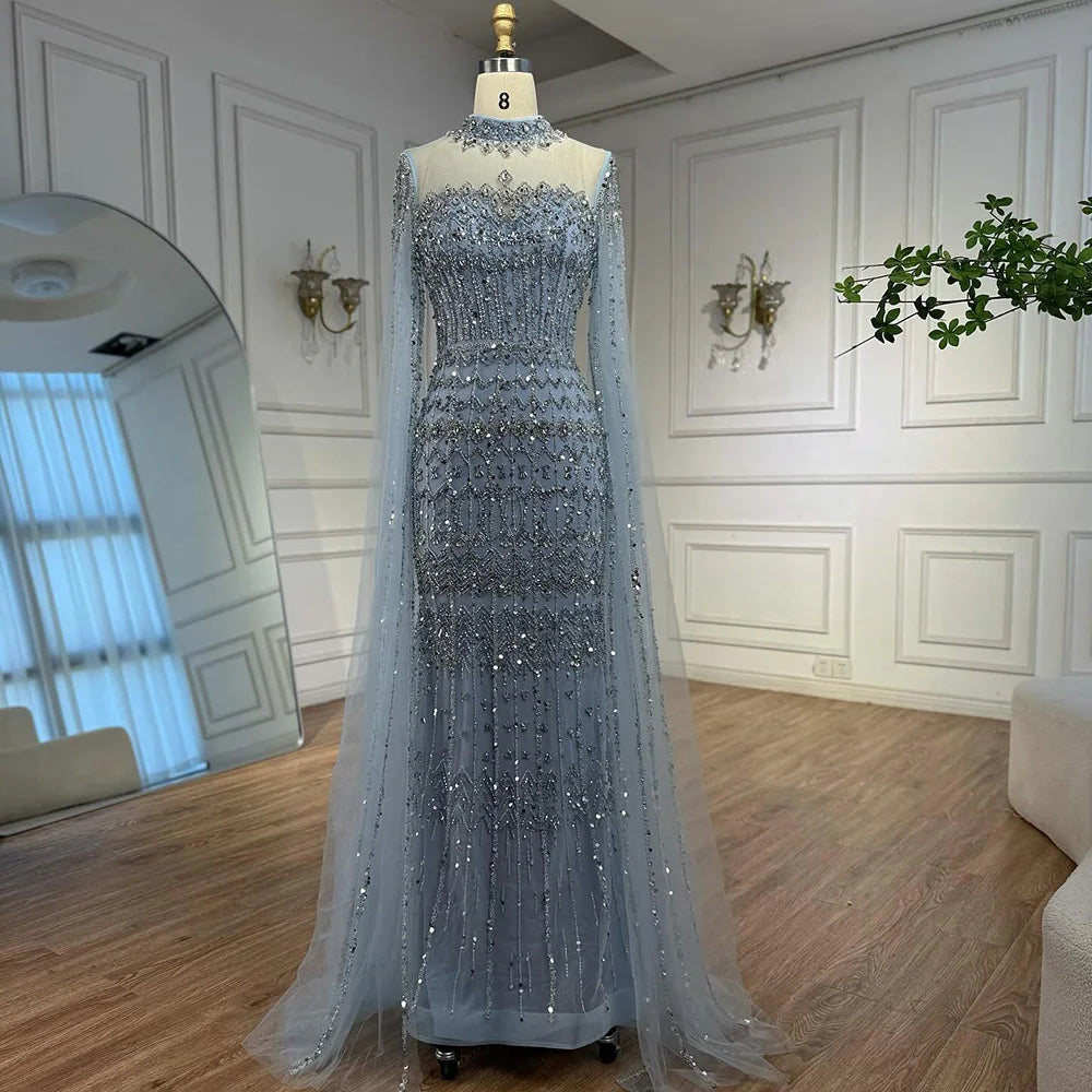 Zapdress Dubai Blue Beaded Evening Dress with Cape Sleeves 2025 Formal Party Gowns for Women DLA72714A Customized (ZD17279)