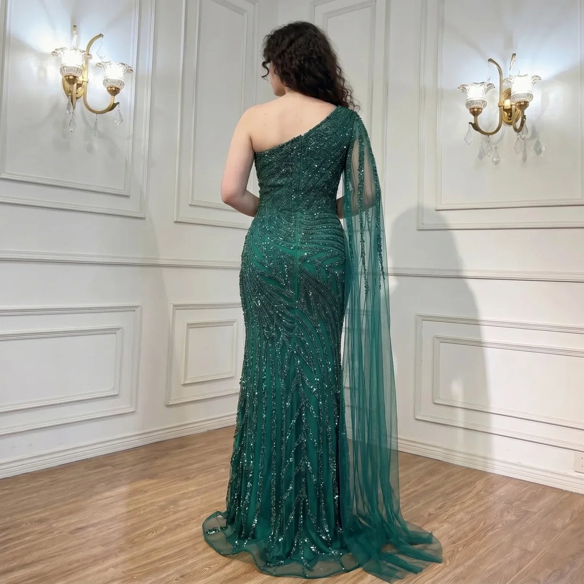 Zapdress Customized Gold Mermaid Beaded One Shoulder Cape Sleeve Evening Dresses Split Elegant Party Gowns For Women (ZD17236) - View 5 | VelvetHem