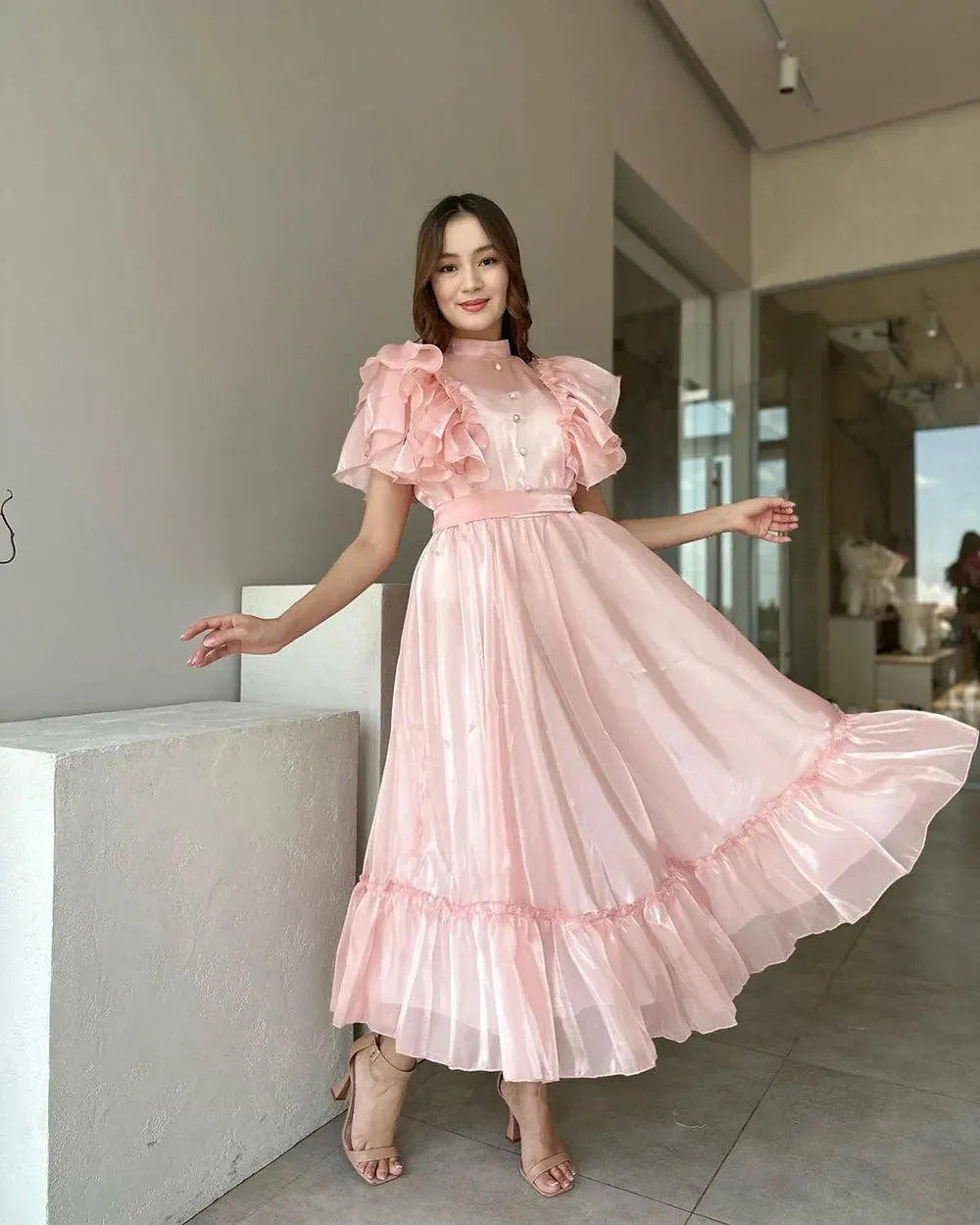 Elegant Pink Evening Dresses A-Line Puff Sleeves Prom Dresses Ankle Length Formal Prom Gowns Button Graduation Dress