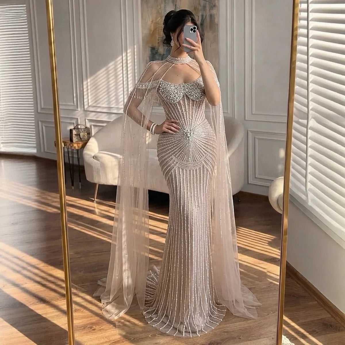 Zapdress Caramel Pearl Beaded Illusion Mermaid Evening Gown 2026 Party Dresses with Sheer Cape DLA73148C Customized (ZD17234)