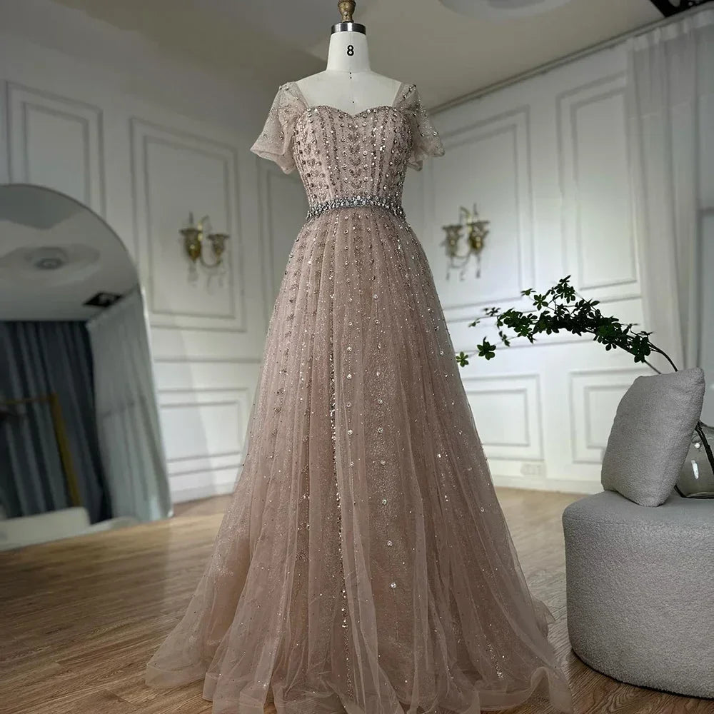 Zapdress 2025 Customized Dubai Nude A-Line Beaded Backless Evening Dresses Gowns for Wedding Party (ZD17261)