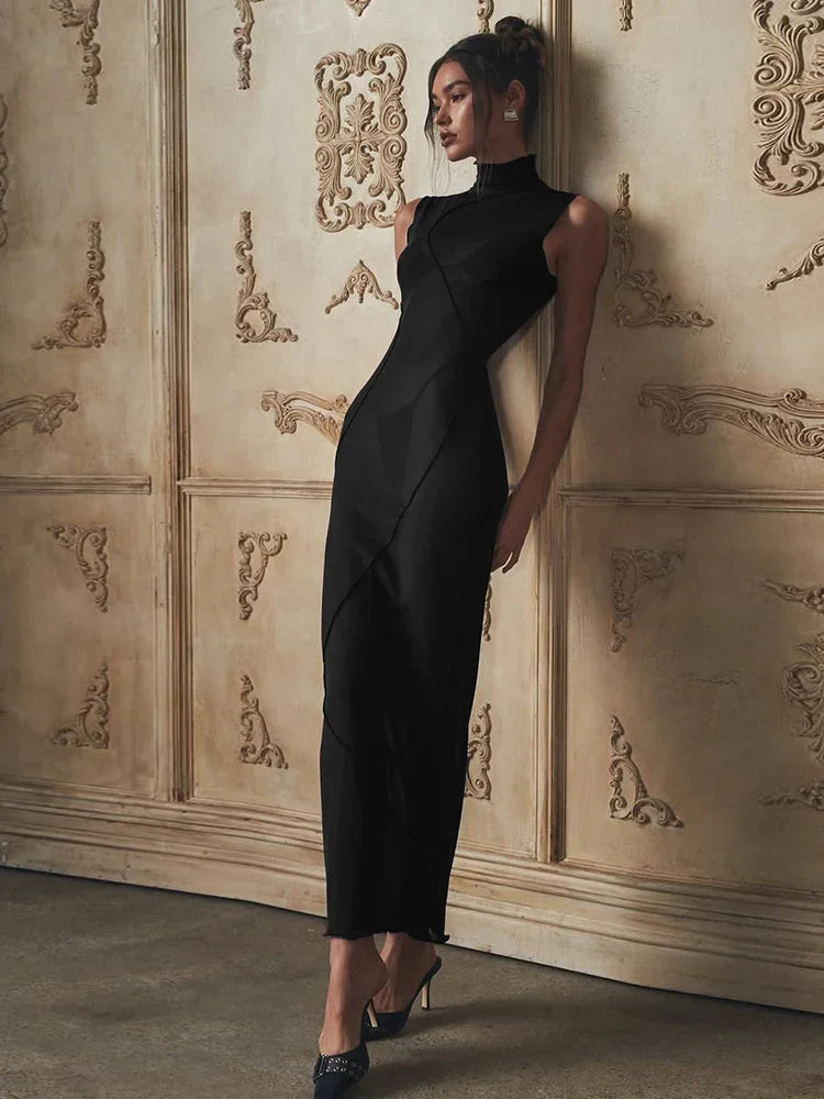 Mesh Sheer Stand Collar Maxi Dress - View 6 | VelvetHem
