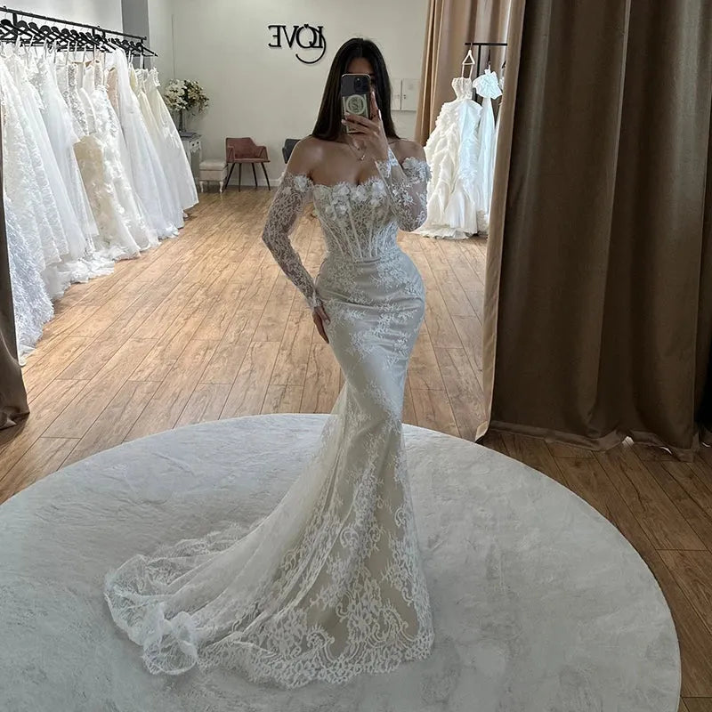 Women Mermaid Wedding Dresses Off The Shoulder Appliques Lace Bridal Dress Formal Wedding Ball Prom Gowns Customized Beige