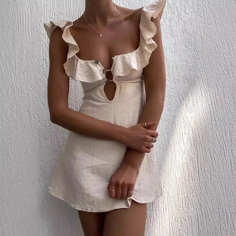Hollow Ruffled Cotton Beach Gothic Mini Dress - View 6 | VelvetHem