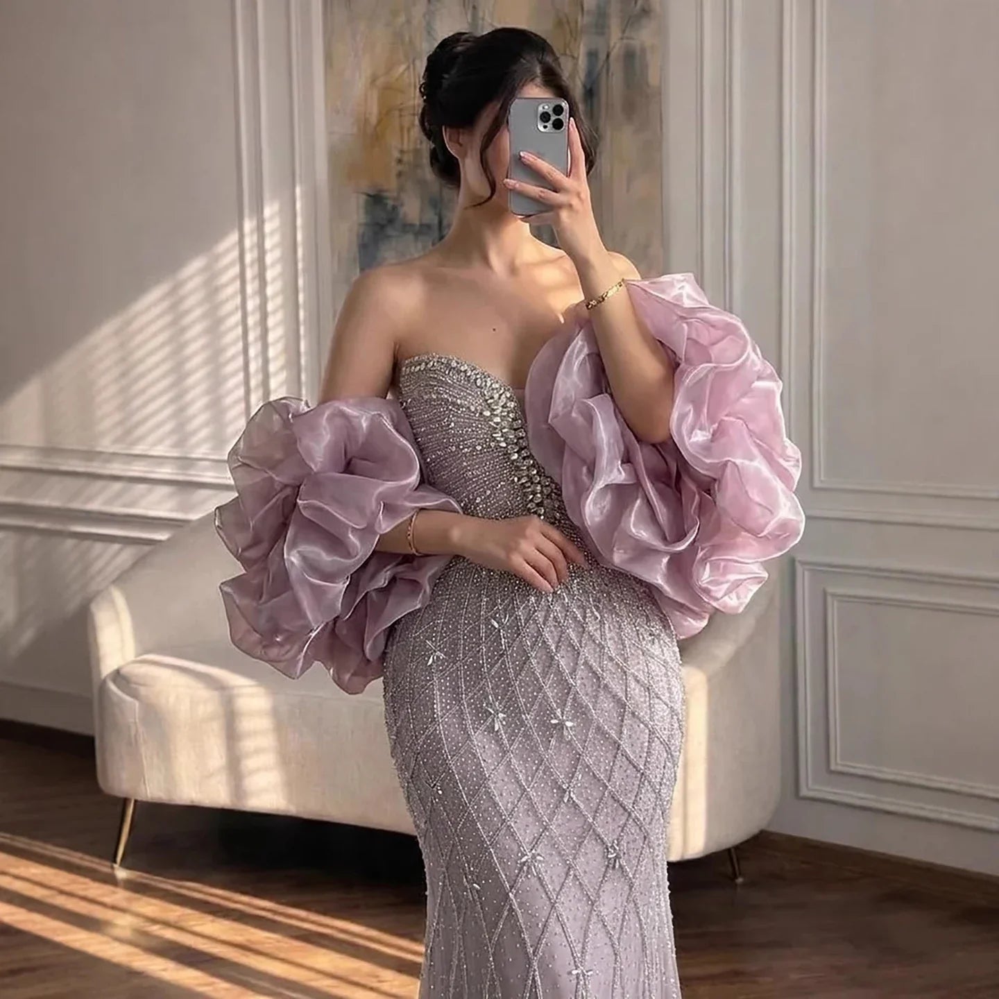 Zapdress 2026 Pink Strapless Mermaid Luxury Beaded Evening Dresses with Cape Formal Party Gowns Customized (ZD17318)