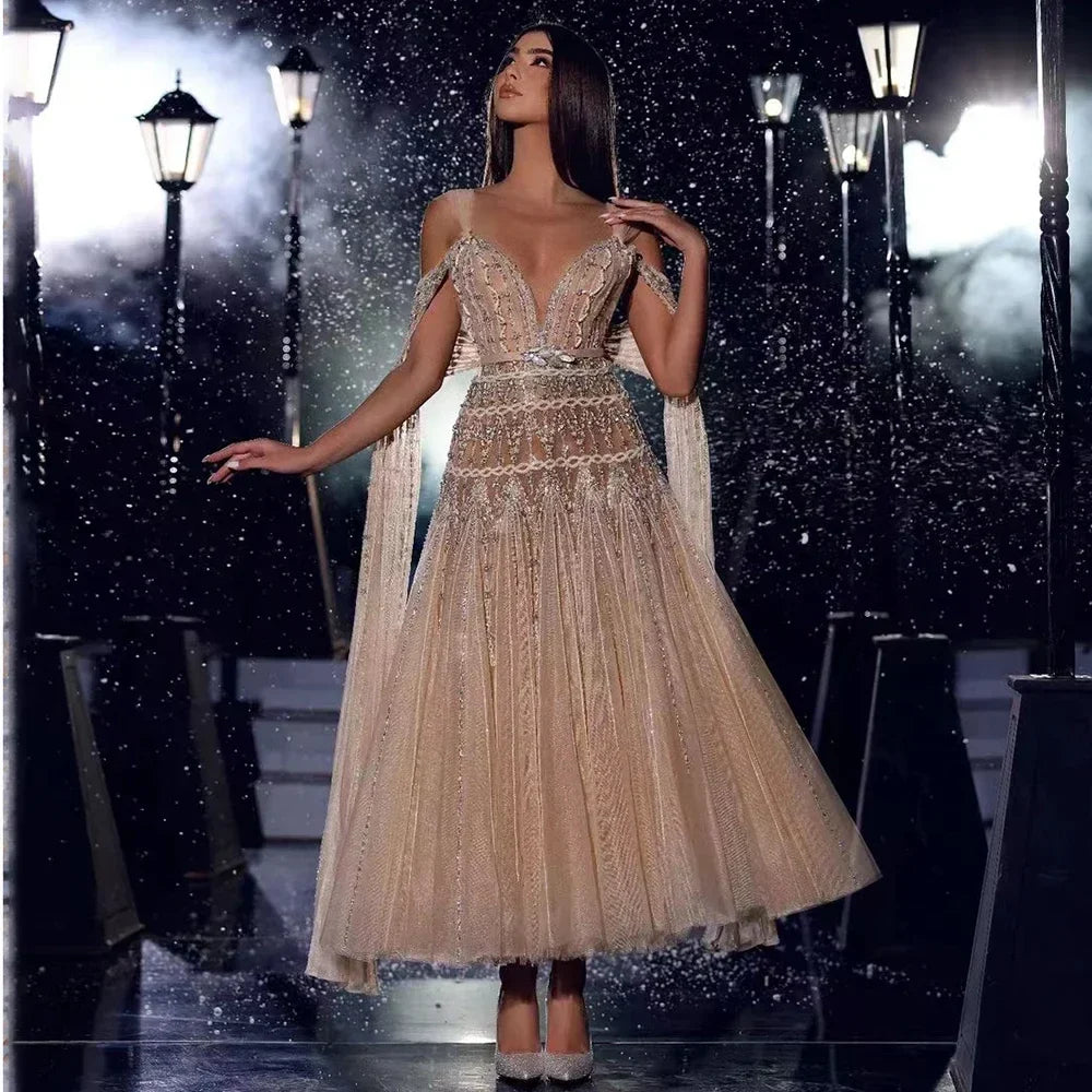 Zapdress Customized 2025 Nude A-Line Midi Ankle Lengt Prom Dresses Glitter Beaded Evening Party Gowns for Women (ZD17237)