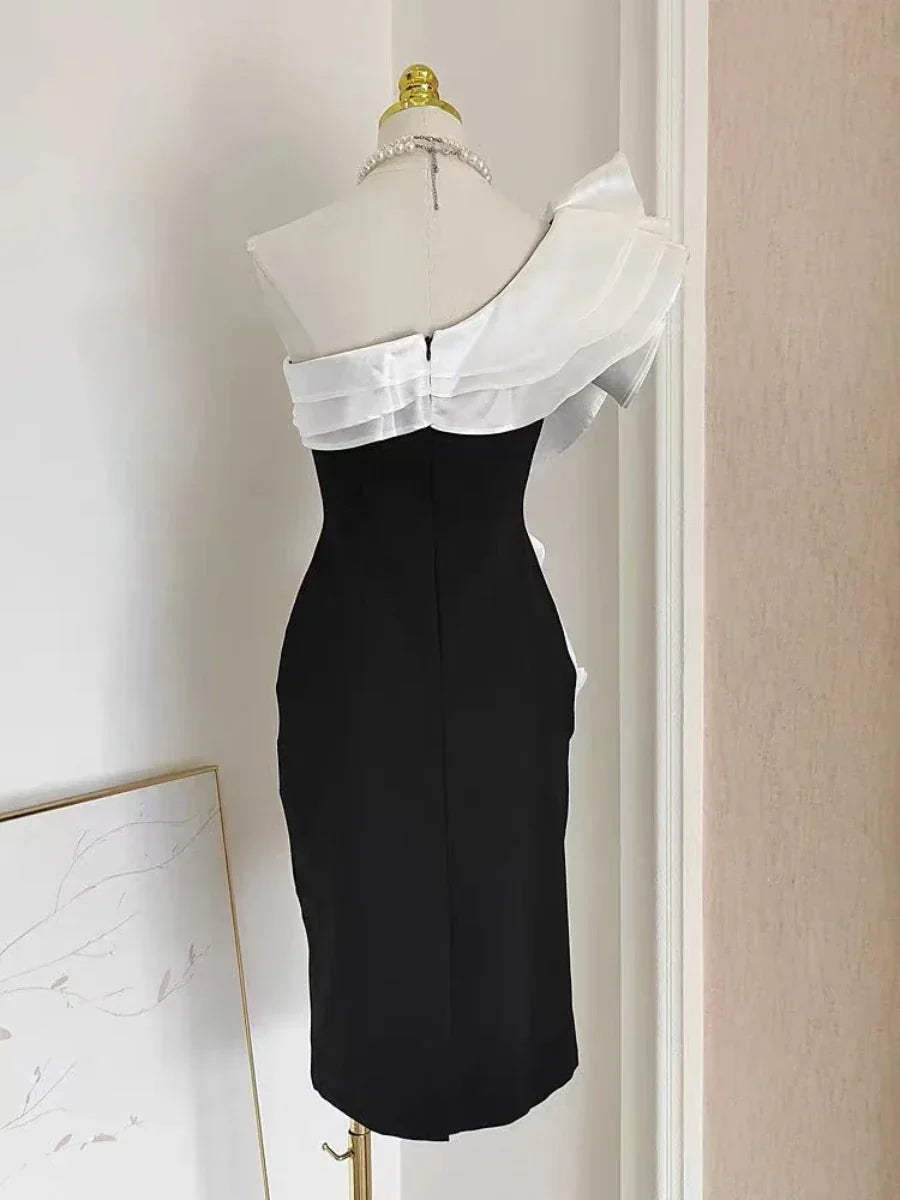 Diagonal Neck Patchwork Ruffles Folds Dress