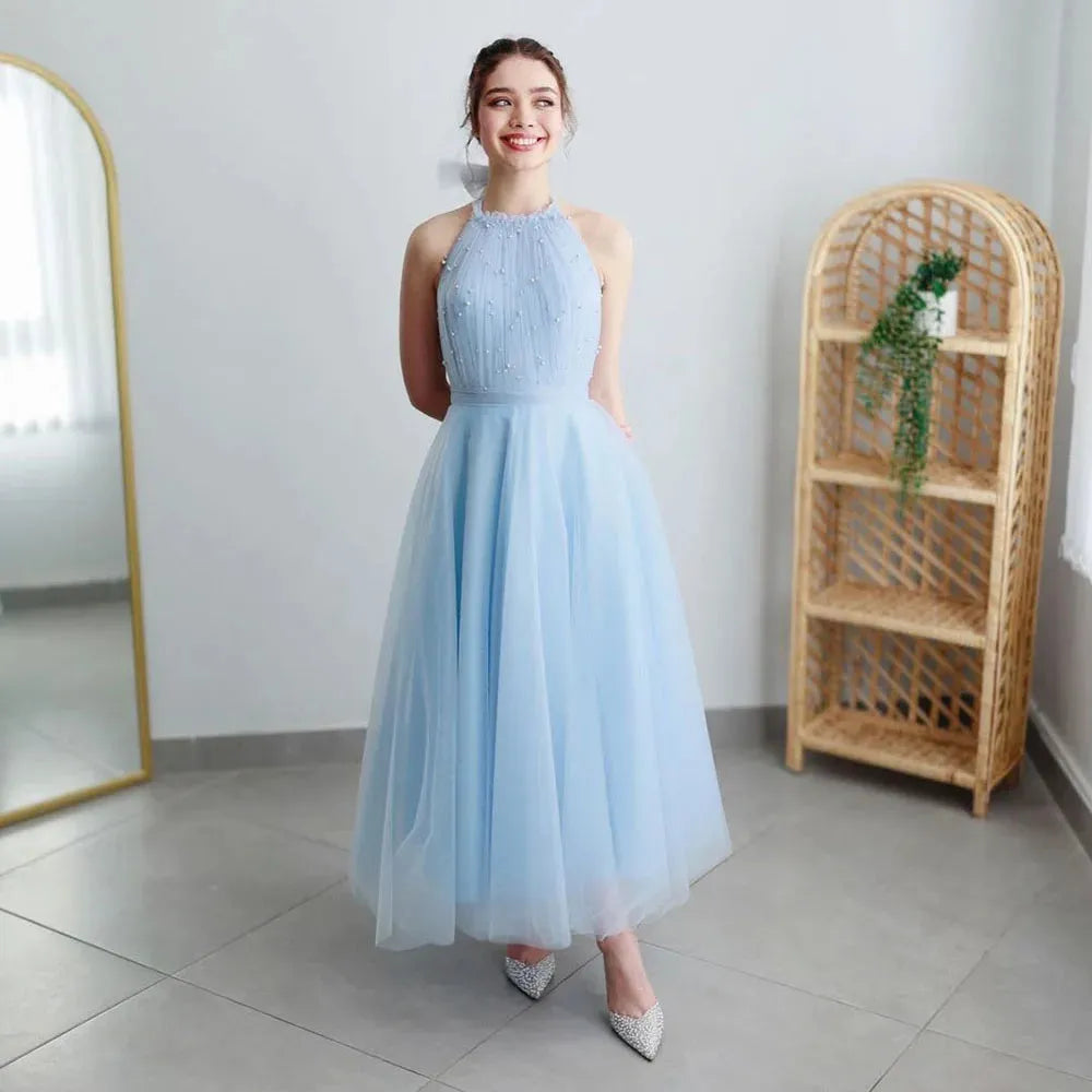 Blue Short Evening Dress Backless Tulle Pearls A-Line Prom Gowns Ankle Length Prom Dresses Graduation Party Gown Blue