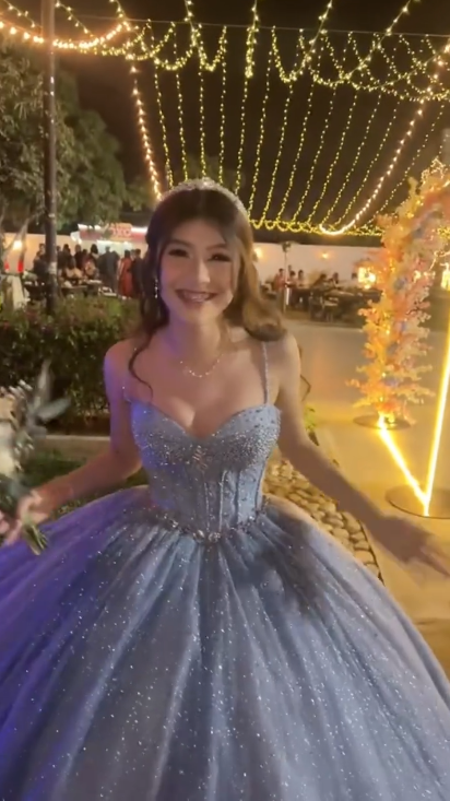 Glitter Spaghetti Straps Blue Tulle Sequin Beaded Ball Gown Formal Birthday Quinceanera Dress - View 6 | FashionDia