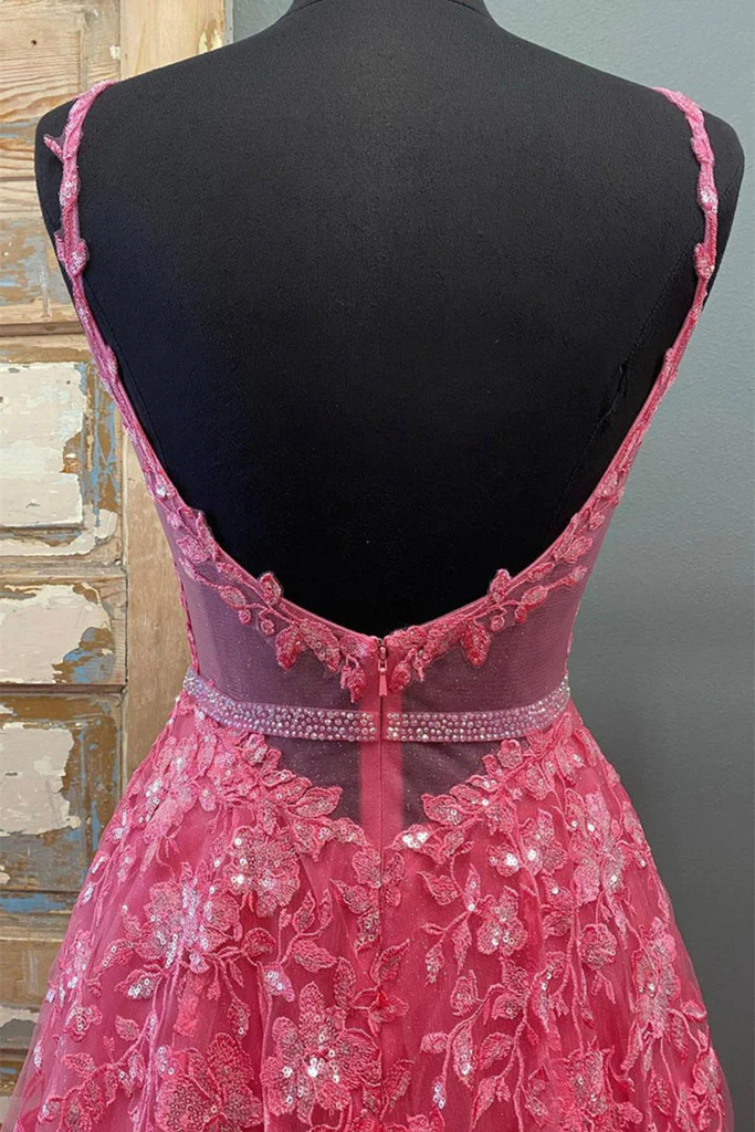 A Line V Neck Beaded Hot Pink Lace Long Prom Dress, Hot Pink Lace Formal Graduation Evening Dress Y216 - View 3 | VelvetHem