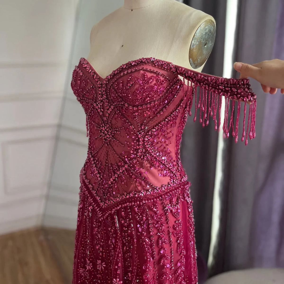 Zapdress 2026 Off-Shoulder Fuchsia Beaded Evening Dress Elegant Wedding Party Gown for Women DLA73594 Customized (ZD17243)