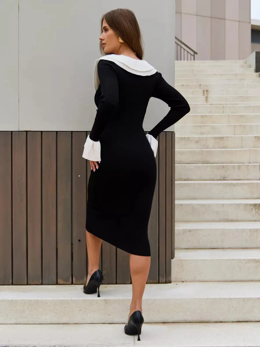 Patchwork Contrast Ribbed Midi Dress