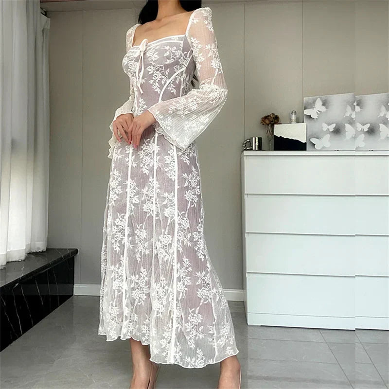 Lace Flared Sleeve A-Line Midi Dress - View 4 | VelvetHem