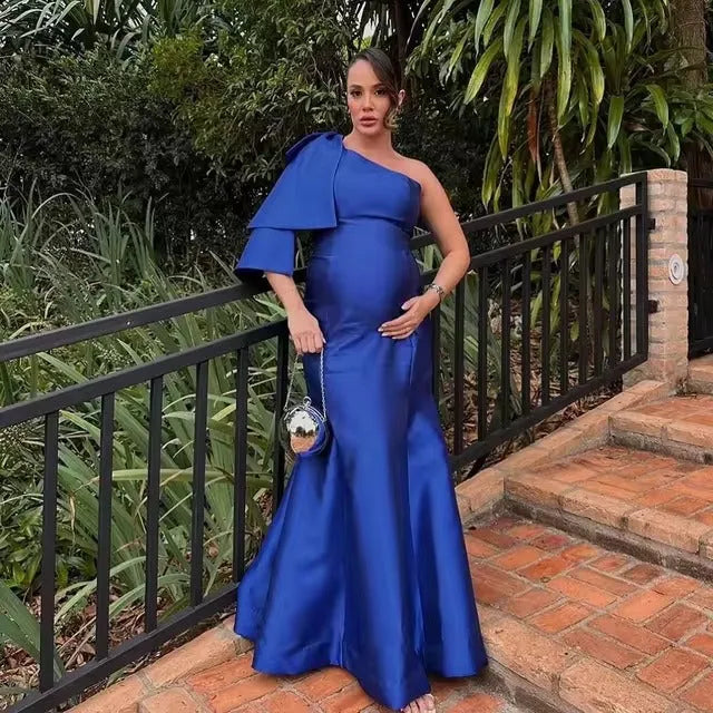 Royal Blue Mermaid Prom Dress For Pregnant Women Custom Size Lace Up One Shoulder Bow Special Occasion Dress Party Gown