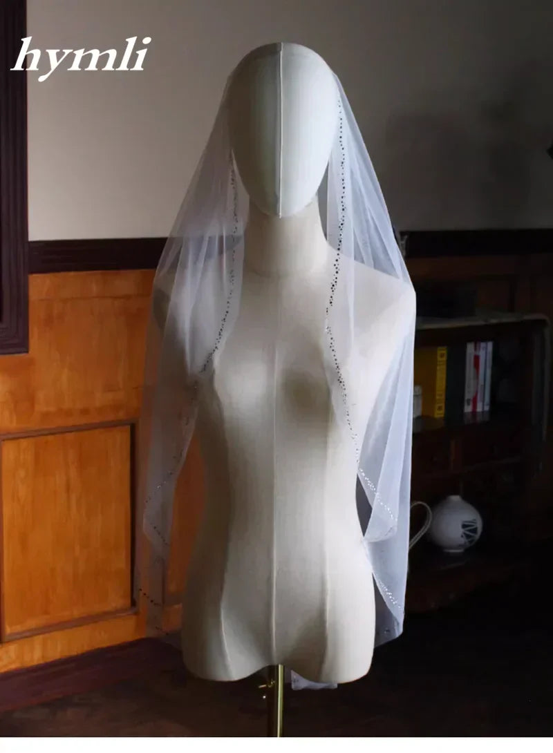 New Style 1 Tier Fingertip length Wedding Veil Tulle Crystal Bridal Veil Cut Edge