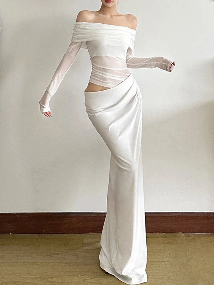Mesh Slash Neck Patchwork Maxi Dress - View 2 | VelvetHem