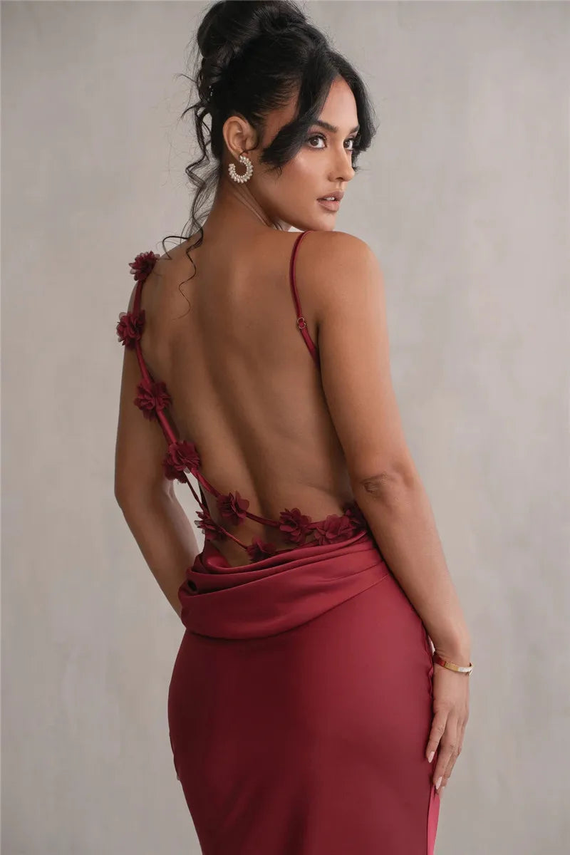 3D Flower Draped Open Back Maxi Dress