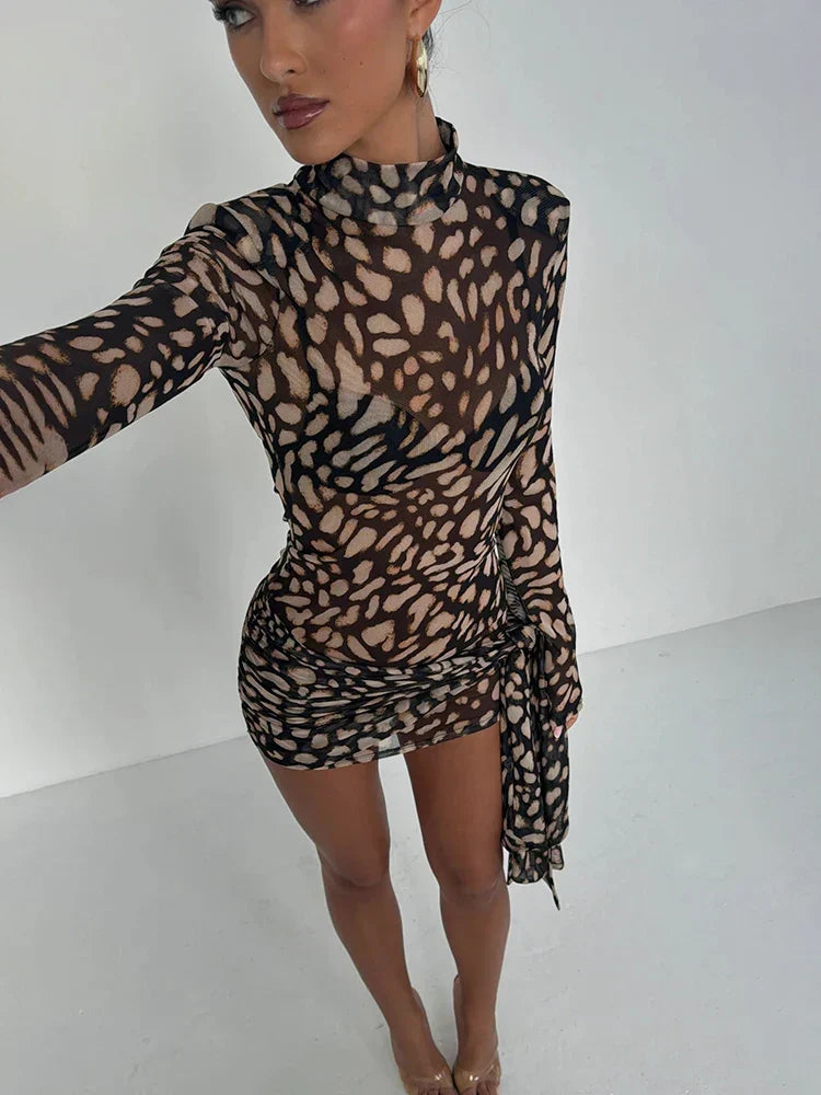 Leopard Sheer Bandage Long Sleeve Mini Dress - View 3 | VelvetHem