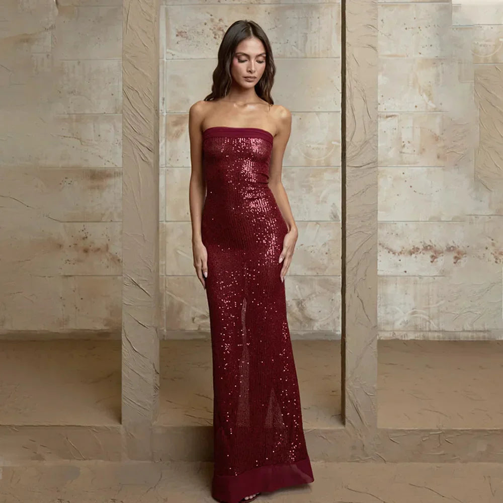 Strapless Sequin Slit Backless Dress