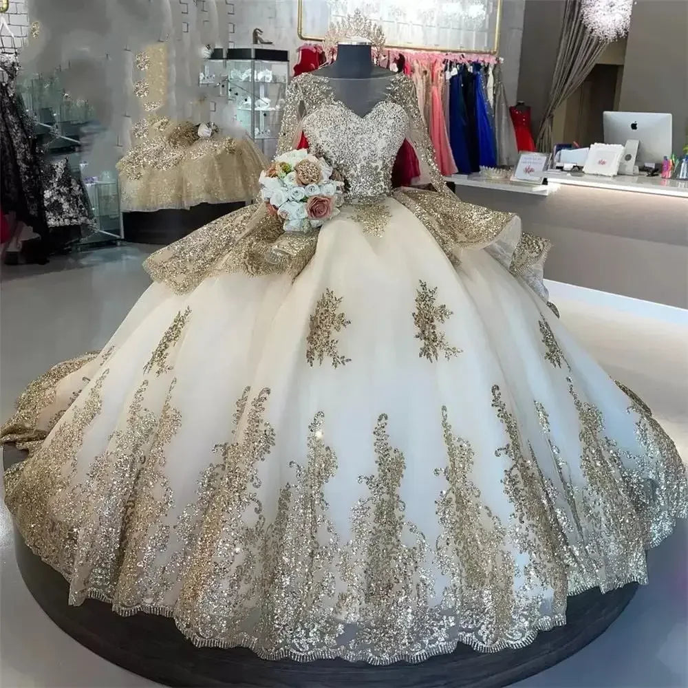 Customized Gold Appliques Quinceanera Dresses Vestidos De 15 Anos Ball Gown Formal Birthday Party Prom Gown Corset Champagne