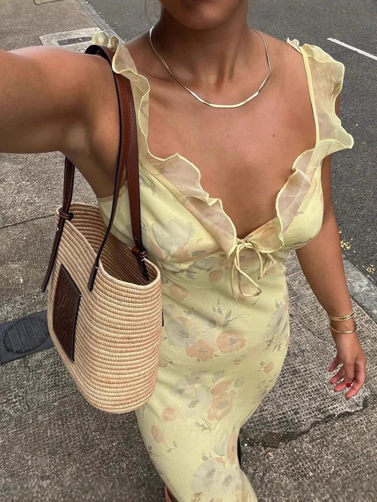 Ruffled Sling Backless Floral Dress - View 2 | VelvetHem