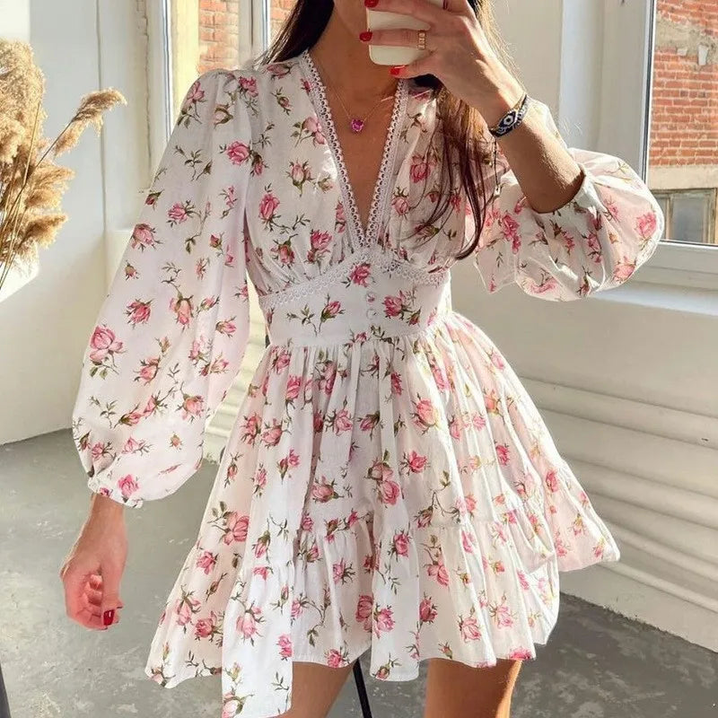 V-neck Lace Edge Midi Floral Dress - View 3 | VelvetHem