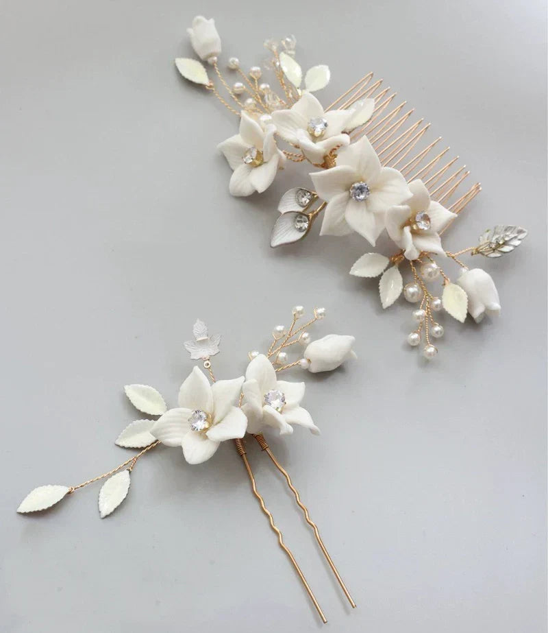 Bridal Jewelry Porcelain Flower Hair Clip Comb Crystal Hairpin Women Bride Bridesmaids Gold Color Head Piece Wedding Accessories c