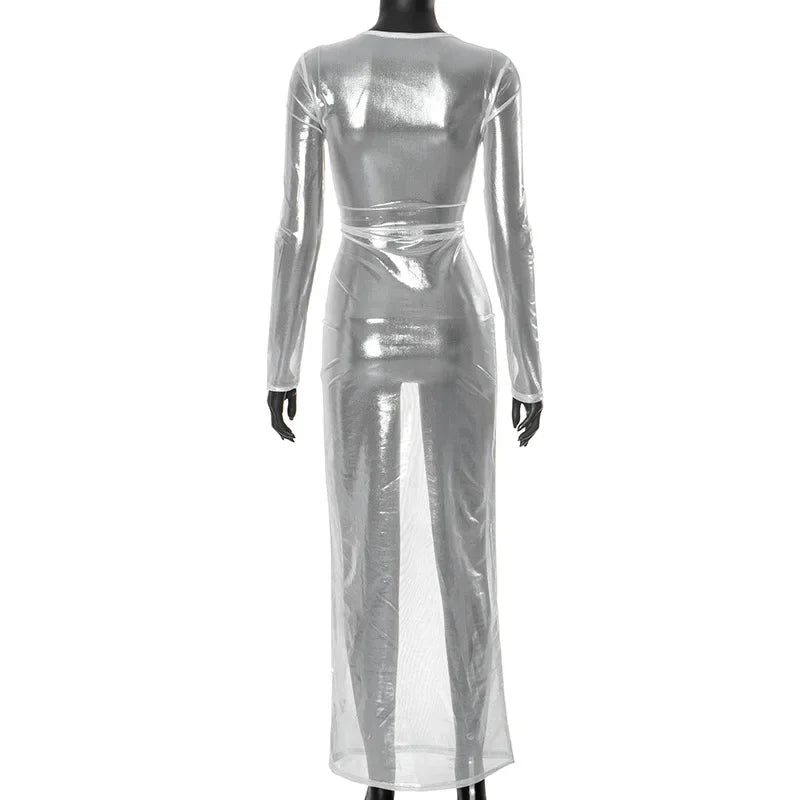 O - neck Full Sleeve Solid Color Mesh Dress
