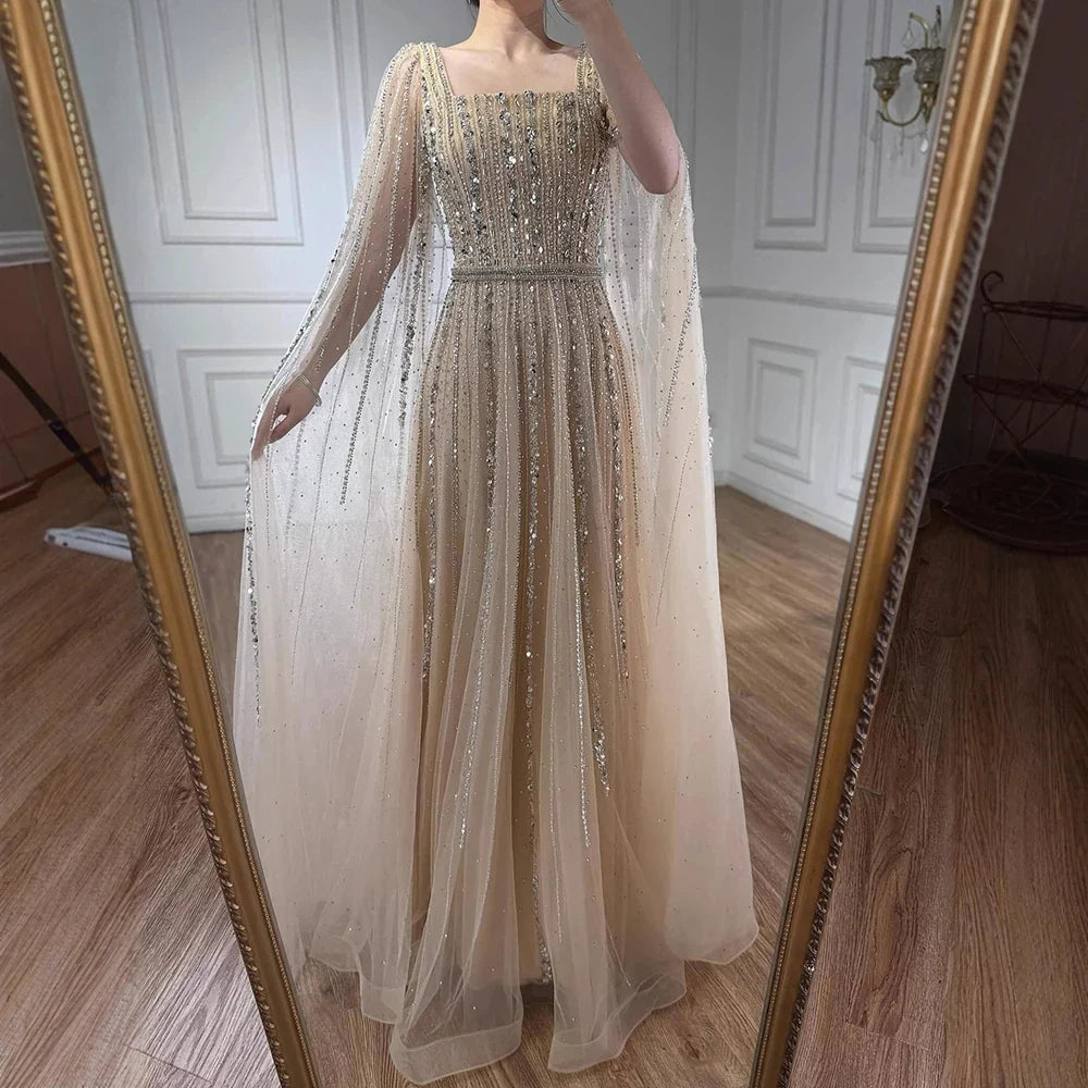 Zapdress Turquoise Square Collar Beaded Evening Dress with Cape Sleeves Dubai Pary Gowns for Women DLA73188 Customized (ZD17252)