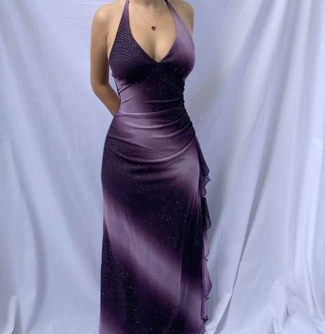 Retro Halter V-Neck Purple Ombre Chiffon Sequin Ruffles Long Prom Dress Party Dress - View 2 | FashionDia