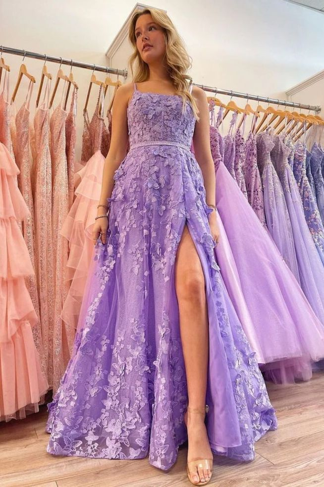 Spaghetti Straps Tulle Lace Appliques Evening Dress Lavender A-Line Prom Party Dress - View 3 | FashionDia